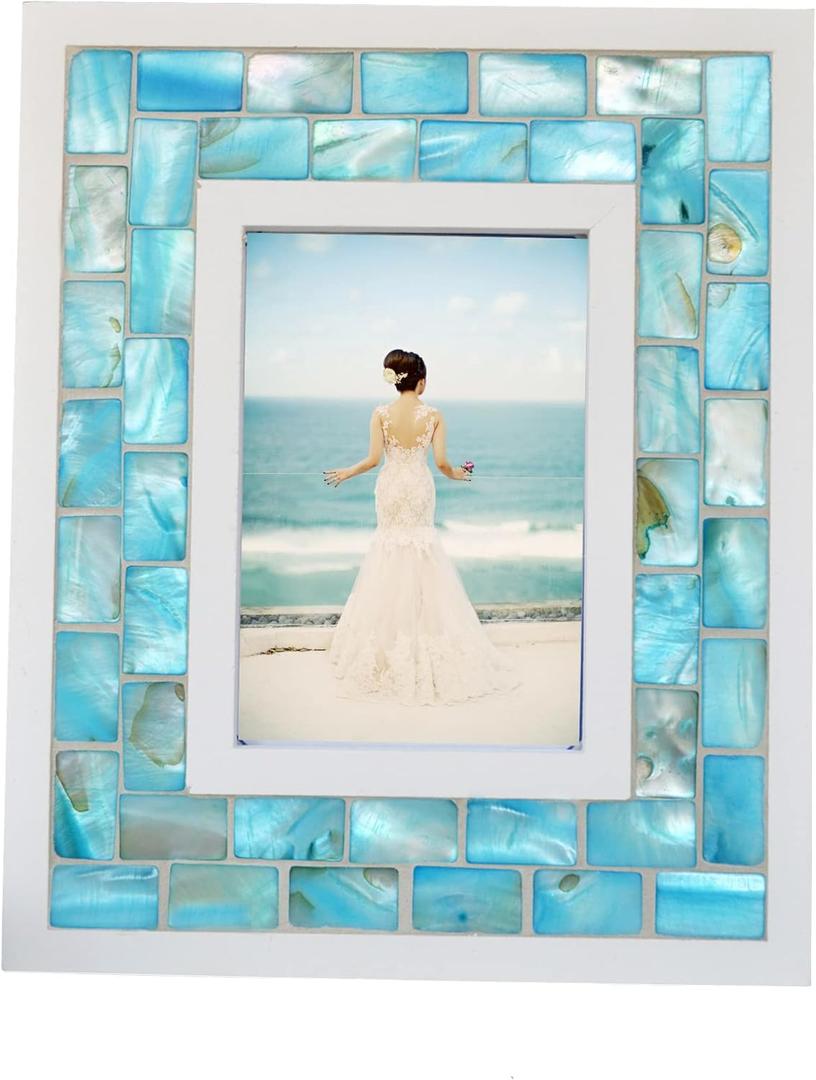 GIFTME Beach Theme Mosaic Photo Frame - Mother of Pearl Material, Blue, Tabletop or Wall Frame (3.5x5 Inch, 1pc)
