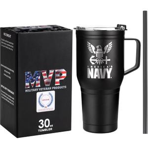 30oz Navy Tumbler Double Wall Vacuum Insulated Stainless Steel USN Travel Mug with Handle | Navy 30oz w/Handle