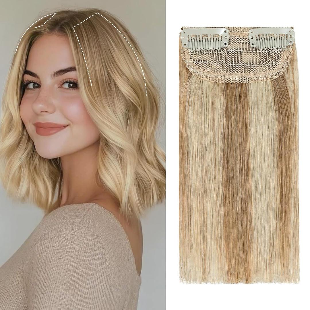 S-noilite Short Hair Clip in Extensions Human Hair 2PCS 2 Clips Balayage Clip in Hairpieces For Women with Thinning Hair Add Volume 24g 8Inch-Golden Brown/Bleach Blonde