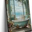 Blue Ocean Theme Bathroom Canvas Wall Art Vintage Teal Bathtub Picture Wall Decor Light Blue Beach Poster Coastal Windows Sea View Painting Print Artwork for Bathroom Toilet Restroom Home Decoration (16L"x12W")