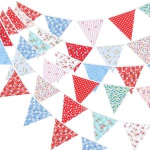 JijAcraft 39Ft Triangle Bunting Banner, 42Pcs Tea Floral Party Bunting Cotton Fabric Flags Pennant Garlands for Birthday Party, Wedding, Baby Shower, Outdoor and Home Decoration(Red Blue and White)