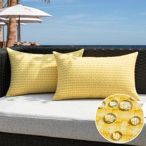 Kevin Textile Outdoor Waterproof Throw Pillow Covers Pack of 2 Farmhouse Decorative Cushion Covers for Garden Patio Tent Balcony Bench Couch Sofa 12x20 Inch, Yellow