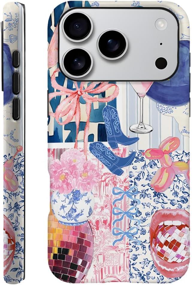 Case Compatible with iPhone 17 Pro,Fall Prevention Hybrid 2-Layer Hard Shell Phone Cover for Girls Boys,Bow Boot Disco Lip Collage