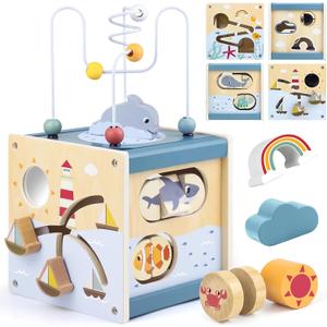 Airlab Wooden Activity Cube Montessori Toys for 1 Year Old Toddlers 12 Months + Toddler Learning Toys 1-3 Boys Girls Baby Sensory Interactive Birthday Gift