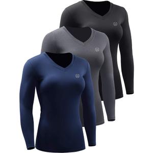 NELEUS Women's 3 Pack Compression Shirts Long Sleeve Yoga Athletic Running T Shirt (V-neck: Black/Grey/Navy Blue,3 Pack)