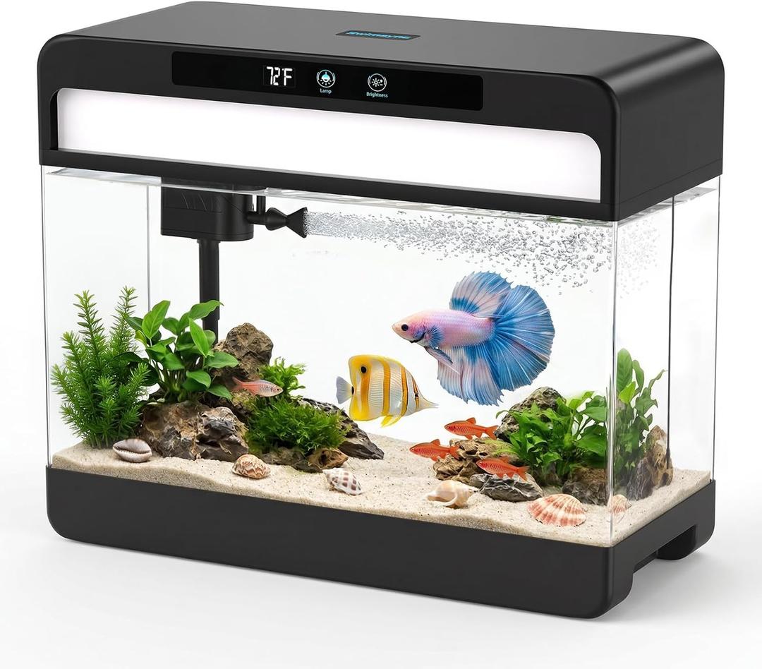 Fish Tank Starter Kit, 3 Gallon Smart Aquarium for Beta, 3-in-1 Silent Water Pump with Filteration & Circulation & Oxygenation, Temperature Display, 7 Colors LED Lights (Black)