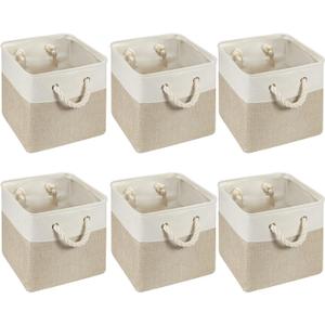 Geiserailie 6 Pcs 11 x 11 Inch Cube Storage Bins Fabric Storage Organizer Bins Foldable Cube Baskets with Sturdy Carry Handles Wicker Baskets for Home (White,Light Brown)