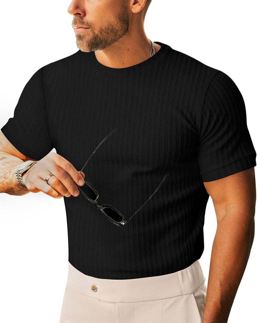 Beotyshow Men's Ribbed Knit T Shirts Short Sleeve Crew Neck Slim Fit Stretchy Muscle Shirts Basic Solid Tee Tops (Black, Small)