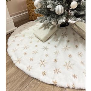 AOGU 36 Inch Sequin Faux Fur Christmas Tree Skirt Decoration for Merry Christmas Party White Plush Gold Sequin Snowflake Xmas Christmas Tree Skirt Decorations