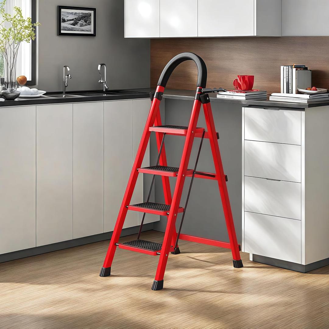 4 Step Folding Ladder with Handrails, Heavy Duty 800 lbs Step Stool, Anti-Slip Wide Pedals, Portable Foldable Stepladder for Home Kitchen Closet Indoor