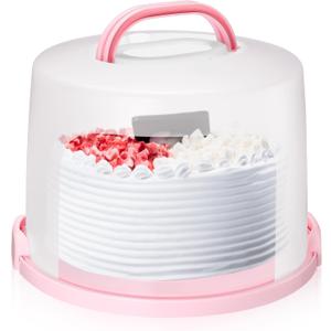 Baderke 10 Inch Round Cake Carrier with Lid and Handle - Two Sided Cake Holder & Box for Transport, Pie, Cupcake(Pink)