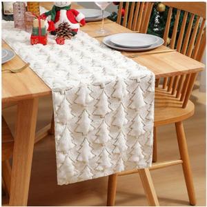 2 Pcs Christmas Table Runner Set, Christmas Tree Pattern Plush Jacquard, Seasonal Winter Kitchen Dining Table Decoration for Home Party Decor(Cream Rice)