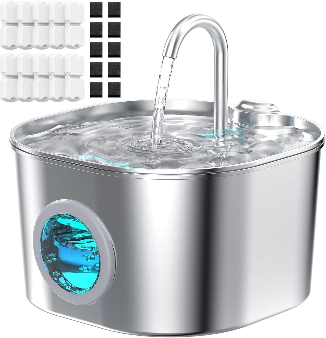 Cat Water Fountain Stainless Steel: Pet Fountains with 10 Filters + 10 Sponges 2.2L Cats Automatic Waterer Bowls for Drinking Small Dog Water Dispenser Indoor HOOISE Metal Kitty Watering Silent