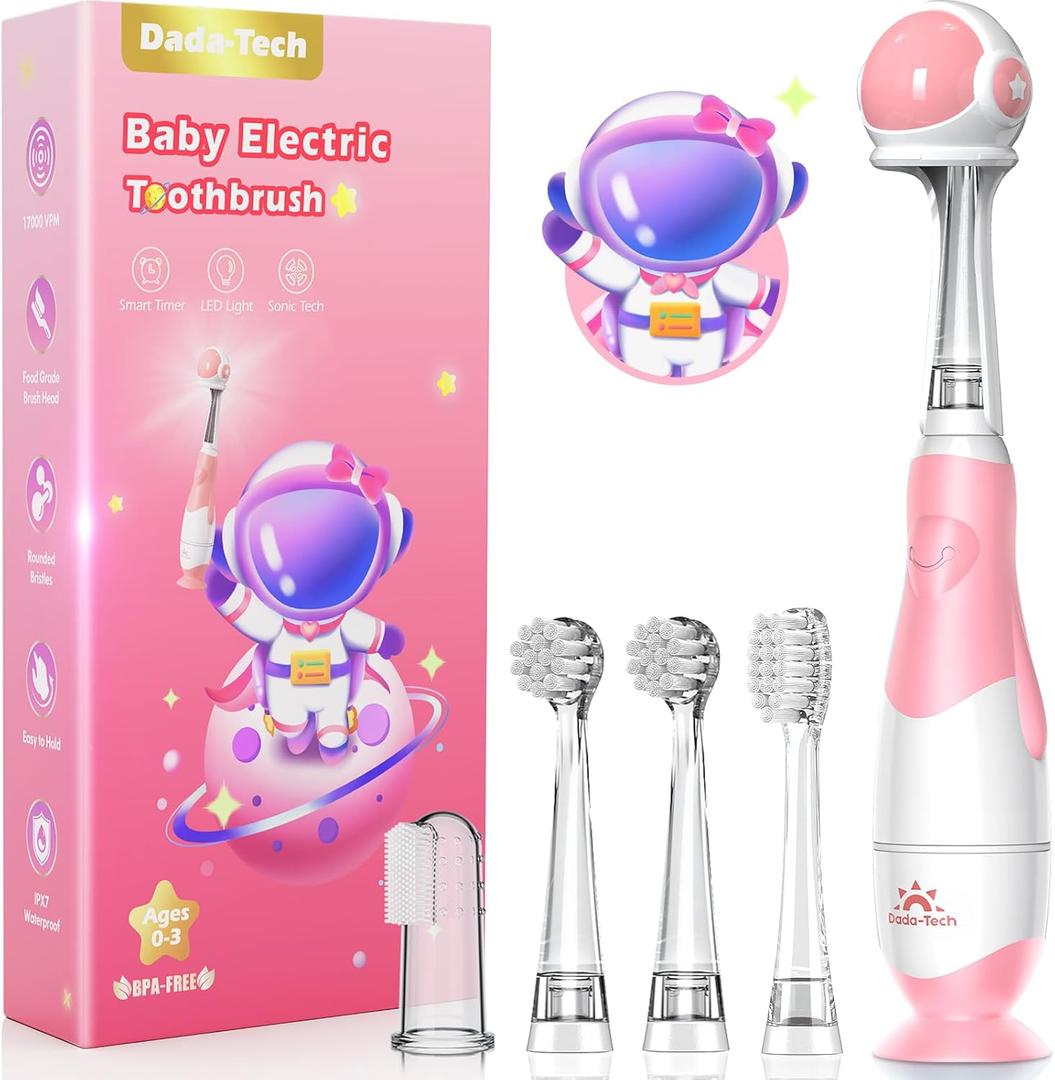Toddler Electric Toothbrush Kids Age 1-2-3 Years Old, Infants & Baby Electric Toothbrush with Finger Tooth Brush, Cute Cover, LED Light, 2 Minutes Timer, 4 Brush Heads, Suction Cup (Pink Astronaut)