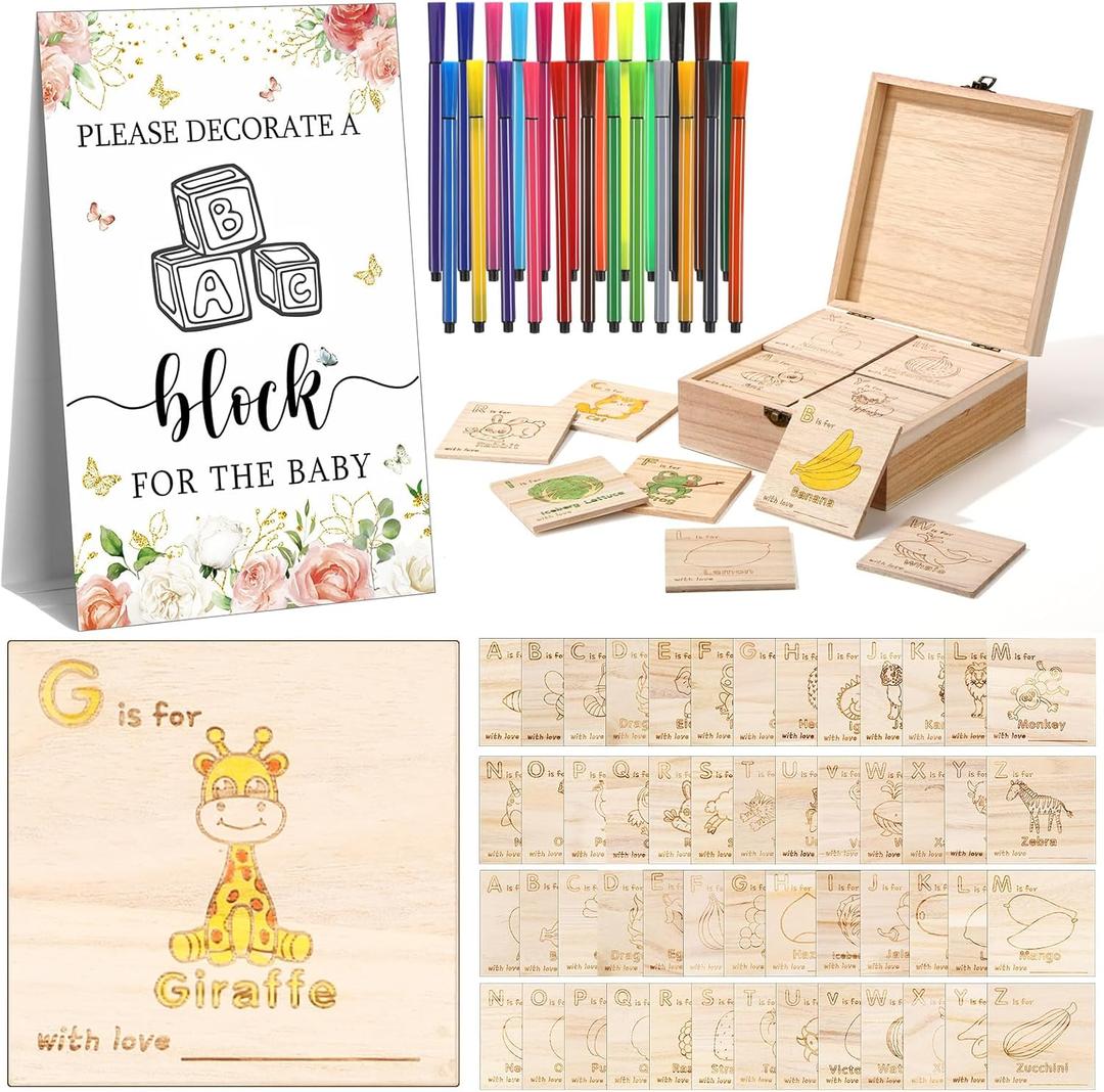 Marsui 78 Pcs Baby Shower Fun Decorate a Block Game 52 DIY ABC Letter Blocks 24 Watercolor Pen 1 Sign 1 Wooden Box with Hinged Lid for Baby Shower Gender Reveal Party Supplies(Flower)