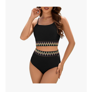 Zando High Waisted Bikini Sets for Women 2025 Ribbed 2 Piece Tummy Control Swimsuits Adjustable Color Block Bathing Suit, M