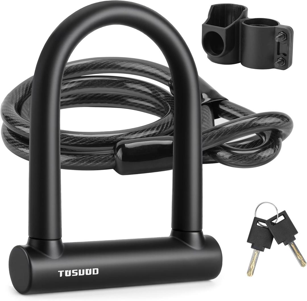 Oversized Bike U Lock Set Heavy Duty Anti Theft Bike Lock with 4FT Steel Cable Bicycle U Lock with Keys Mounting Bracket for Road, Mountain, Electric & Folding Bike (Black)