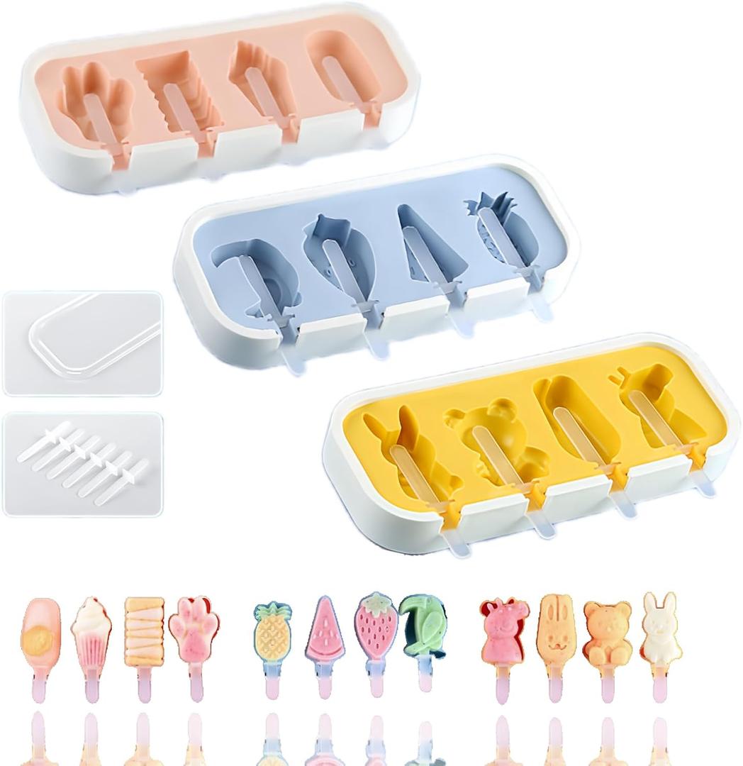 Cartoon Shape Popsicles Molds 3Pcs Cute Ice Cream Mold Maker Easy-Release Homemade Ice Pop Tray Silicone with Lid & Stick (Ice Cream+Fruit+Cartoon)