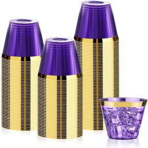 Bestluck 100 Pack 9 oz Purple Plastic Cups, Clear Disposable Cups with Gold Rim, Plastic Cocktail Glasses for Party & Graduation & Wedding
