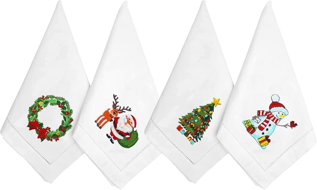HCRAFT Embroidered Cotton Table Napkin, Cloth Napkins Set of 4 18"x18" Mix Snowman & Laurel Wreath Christmas Napkin, Dining Room, Napkins Cloth Machine Washable, Christmas Napkins, Great Present Ideas