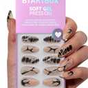 BTArtbox Press On Nails Almond - 3D Design Black Medium Press On Nails with Glue for Women, Opaque Soft Gel Glue On Nails in 15 Sizes - 30 Stick On Nails Kit, Gothic Chains