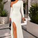 ENOPINK Women's One Shoulder Long Sleeve Formal Cocktail Wedding Guest Maxi Dresses Sexy High Slit Bodycon Evening Gowns (M)