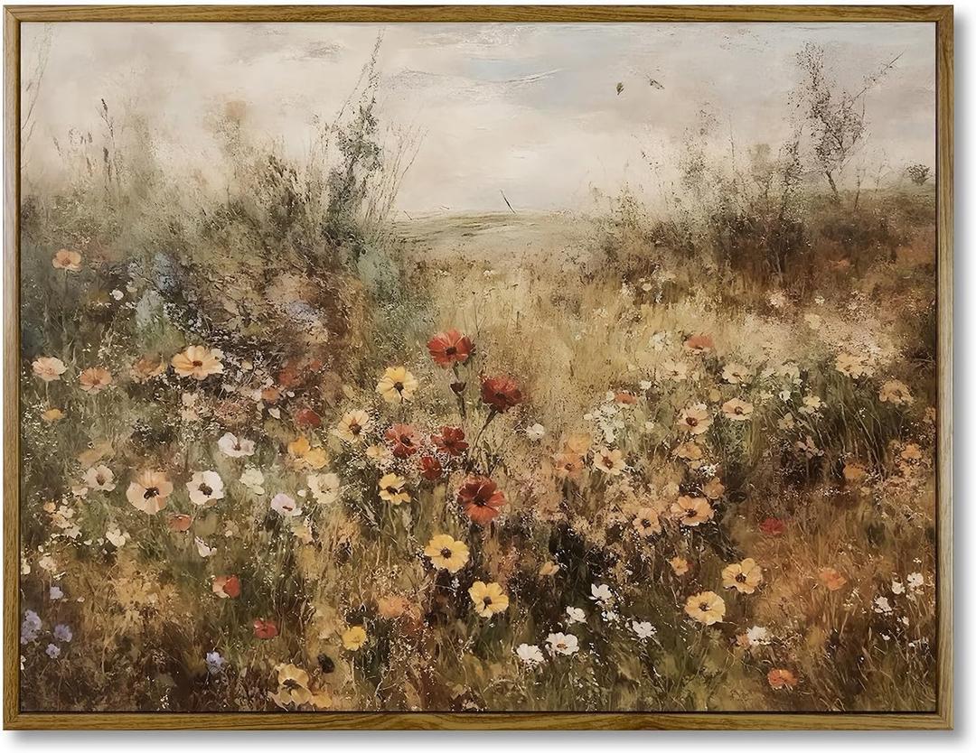 Framed Canvas Wall Art Vintage Decor, Vintage Painting Wall Art Prints, Landscape Wall Art for Living Room Decor Bedroom Home Bathroom Wall Decor (Wildflower Meadow at Dusk) (16L" x 12W")