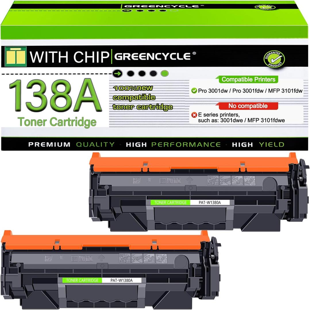 greencycle 138A W1380A [with Chip] Compatible Black Toner Cartridge Replacement for HP 138A W1380A 138X W1380X Work with LaserJet Pro 3001dw 3001fdw MFP 3101fdw Series Printer Ink ( 2-Pack )