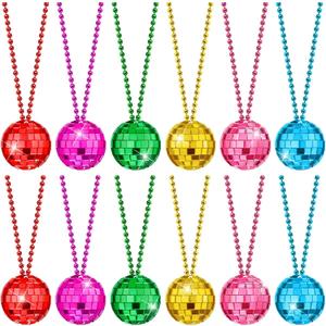 Hicarer 12 Piece Mirror Disco Ball Costume Necklaces 70s Disco Party Necklaces for Home Decorations, 1.57 Inch Stage Props, Game Accessories, Halloween, Party Favor and Supplies (Multicolor)