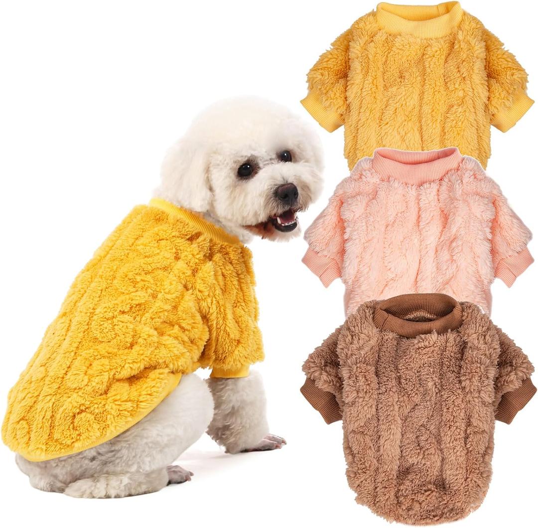Dog Sweater, 3 Pack Dog Sweaters for Small Dogs or Cats, Girl or Boy, Warm Dog Clothes Shirt Coat for Winter Christmas (Coffee, Peach, Yellow, X-Small)