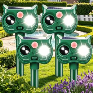 4PCS Solar Animal Repellent Outdoor, Ultrasonic Cat Repeller Outdoor&Deer Repellent Device, Rabbit Squirrel Raccoon Repellent with Motion Sensor LED Lights for Garden Yard