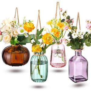 Wonderjune 4 Pcs Stained Glass Hanging Vases Hanging Glass Planters Small Plant Terrarium Pot Containers with Rope for Garden Home Indoor Outdoor Decor, 4 Styles (Fashionable)