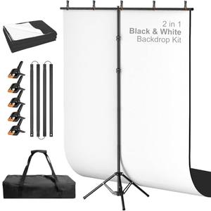 Qoolfoto 5x8ft Black and White 2in1 Revisible Photo Backdrop with Stand | White Black Backdrop Background with Portable T-Shape Stand, Carry Bag and 5 Clamps for Photography Video Meeting Streaming