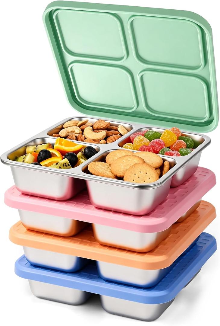 4 Pack Stainless Steel Snack Containers with Silicone Lids, Leakproof Bento Snack Boxes, Reusable 4 Compartment Metal Lunch Containers, Dishwasher Safe Food Storage for Meal Prep, Work & Travel, Large