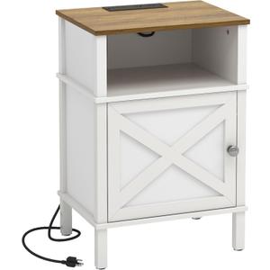Farmhouse Nightstand with Charging Station, White Bedside Table with USB&Type-C Ports and Outlets, End Table with Storage, Night Stand for Bedroom, White and Rustic Brown WGBZ0601WFE 11.8"D x 15.32"W x 23.6"H