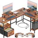 Furologee 59 L Shaped Desk with Power Outlet, Reversible Computer Desk with File Drawer & 2 Monitor Stands, Corner Home Office Table with Storage Shelves for Gaming Writing, Rustic Brown