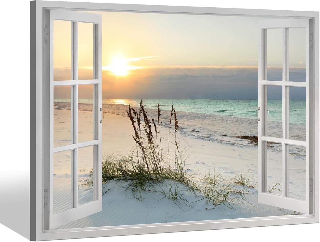 Beach Window Art Wall Decor: 30x45 Inch Ocean Artwork Coastal Picture Seascape Painting Print for Living Room (45L" x 30W")
