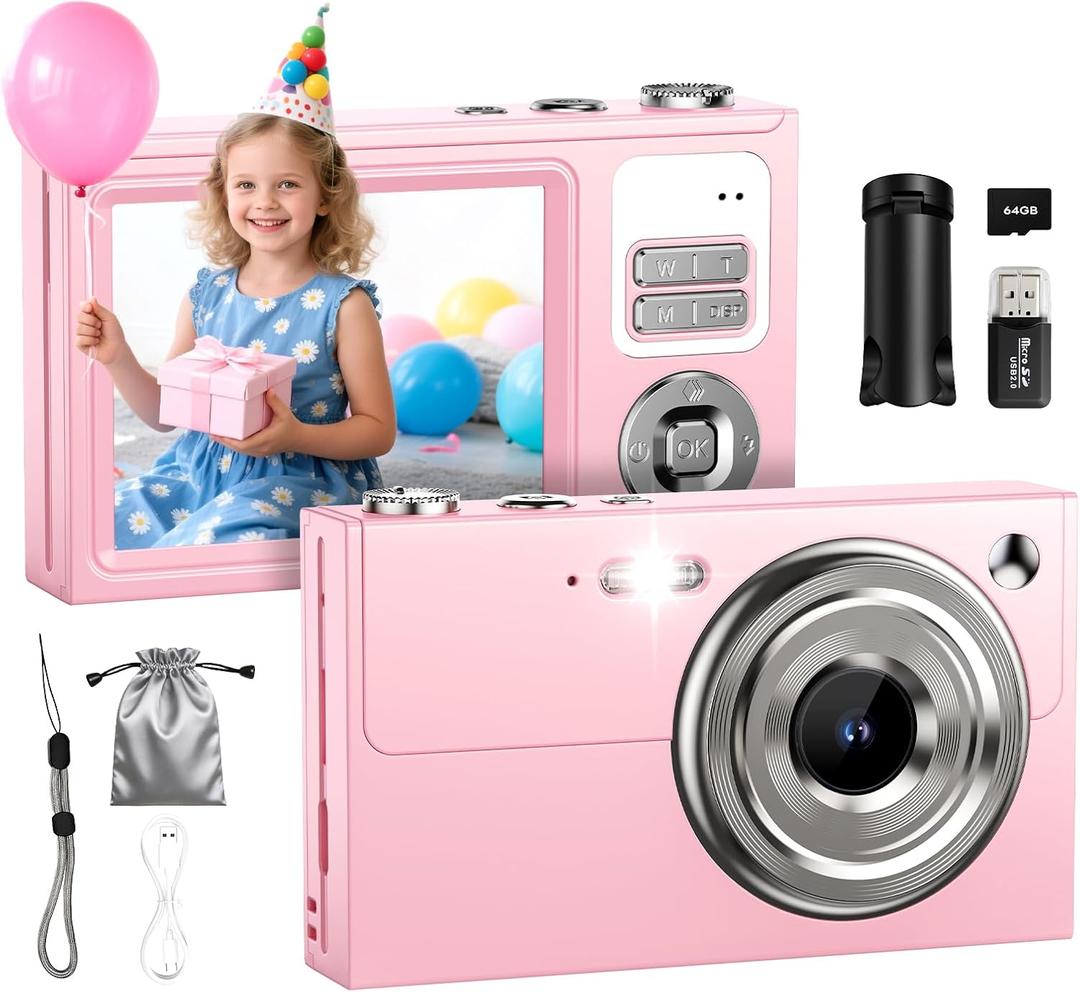 Digital Camera, 64MP 4K Camera for Kids with 2.8" IPS Screen, 64GB SD Card and 16X Digital Zoom Anti Shake, Point and Shoot Compact Camera, Compact Portable Small Gift for Boys Girls Students (Pink)
