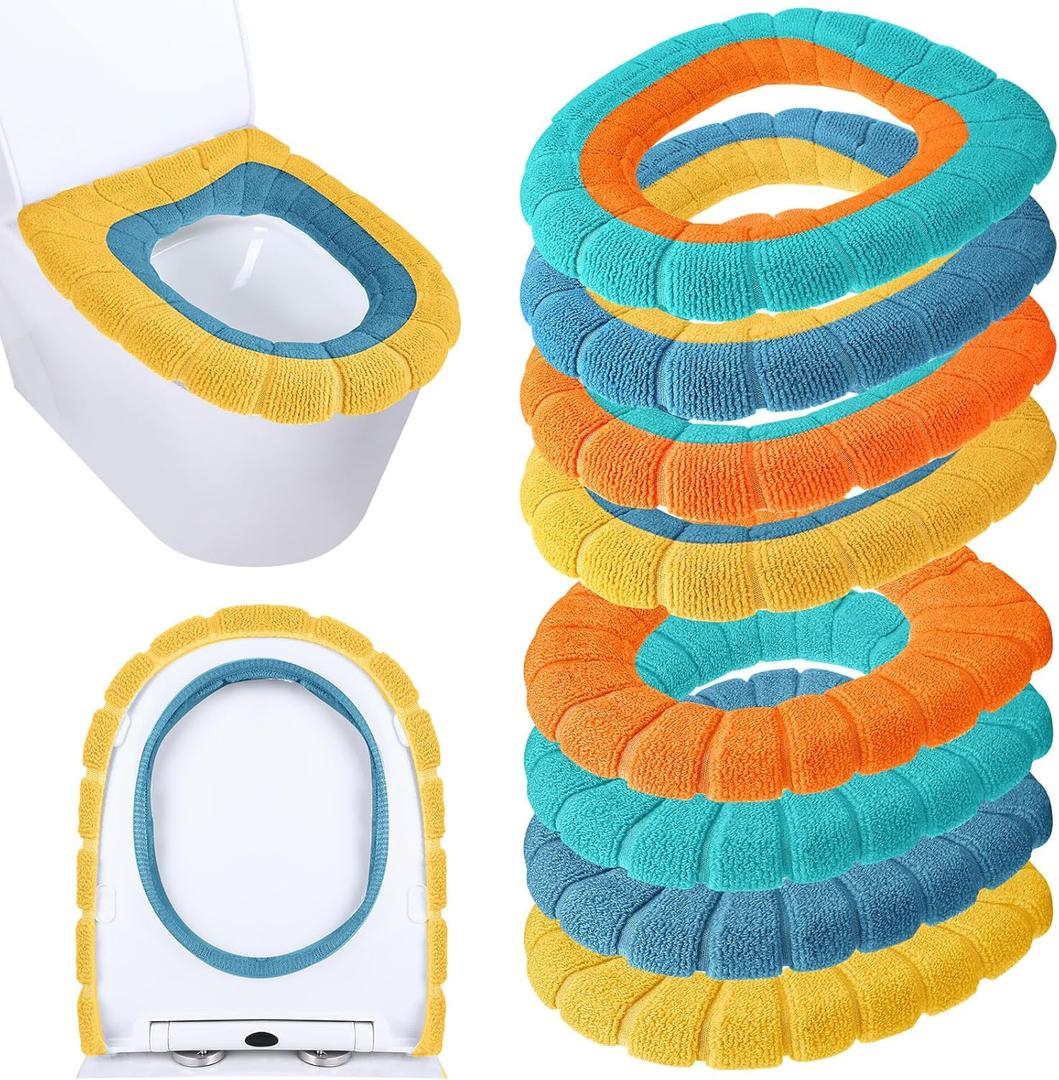 Moukeren 8 Pcs 11.8 Inch Thicker Bathroom Toilet Seat Cover Pads Soft Comfortable Toilet Seat Cushion Cover Stretchable Toilet Seat Warmer Easy Installation Cushioned Lid Covers (Bright Colors)