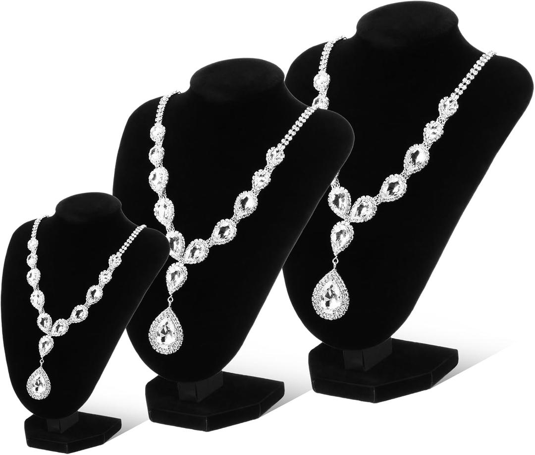 Wenqik 3 Pcs Black Velvet Necklace Display 3D Jewelry Bust Holder Necklace Display Stand for Selling 24 cm/ 21 cm/ 16 cm Jewelry Mannequin Organizer for Vendors Show