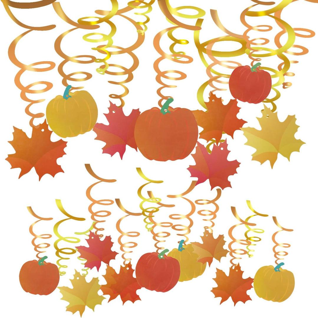 Konsait 36 Count Thanksgiving Swirl Hanging Decorations, Autumn Pumpkin Maple Leaf Swirls, Fall Themed Door Ceiling Decor for Party Favors and Supplies