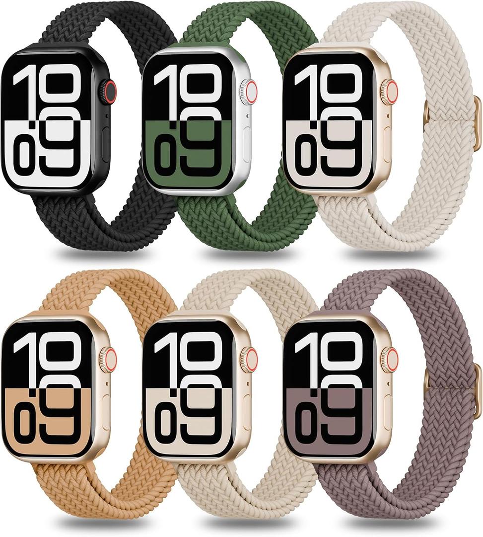 6 Pack Thin Stretchy Braided Compatible with Apple Watch Band 38mm 40mm 41mm 42mm 44mm 45mm 46mm 49mm Women Men, Solo Loop Nylon Slim Strap for iWatch Bands Series 11 10 SE 9 8 7 6 5 4 Ultra 3 2 1