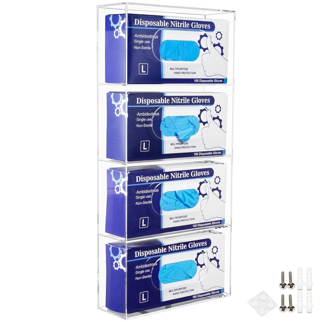 SEANADO Glove Box Holder Dispenser 4 Compartments Acrylic Single Side Loaded Clear Rack Storage Organizer for Medical, Latex