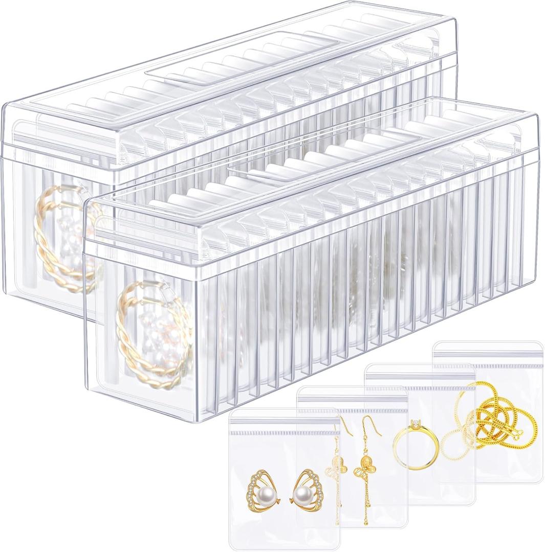 Kenning 42 Pcs Acrylic Jewelry Case Organizer, Clear Jewelry Organizers Holder with Portable Anti Tarnish Storage Bags for Rings, Earrings, Necklaces, Ideal Gifts for Women (Clear)