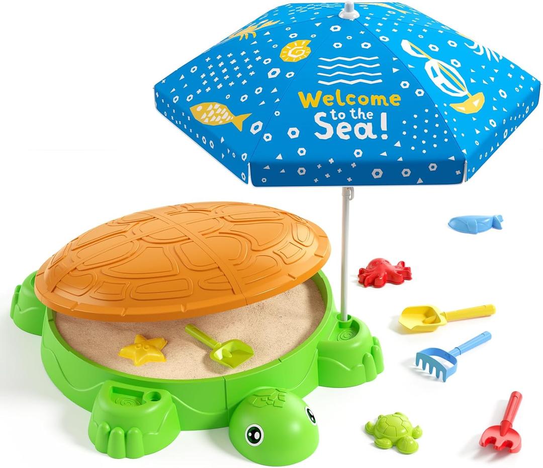 Turtle Sandbox with Lid, Sand Pit with Adjustable Umbrella & 8pcs Beach Toys for Toddler 3-5, Kids Sand Box with Cover Suit for Sensory Playsand, Summer Gifts for Indoor Outdoor Backyard