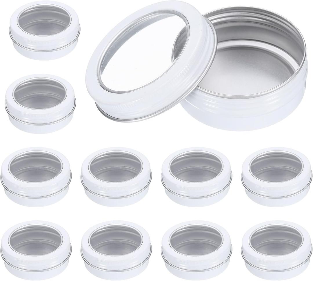 uxcell 2 Oz Tin Cans, 12 Pcs Aluminum Round Tins, Travel Sized Small Metal Tins Cosmetic Sample Containers with Clear Lid for Lotion Bars Beard Balms Candles, White
