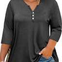 Beautife Womens Plus Size T-Shirts V Neck 3/4 Sleeve Tops Fall Henley Shirts Casual Basic Loose Fit Blouses (Gray, XL Plus)