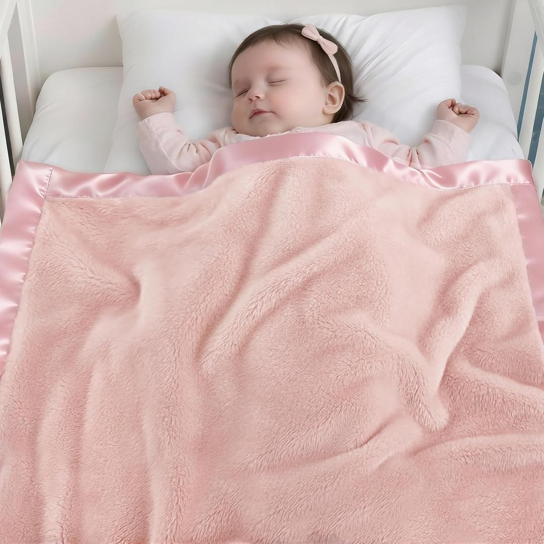 Pro Goleem Fleece Baby Blankets for Girls with 2 Inch Satin Trim, Super Soft Plush Receiving Blanket for Infant Toddler Newborn, Cozy 30x40 Inch Crib & Stroller Blanket (Pink)