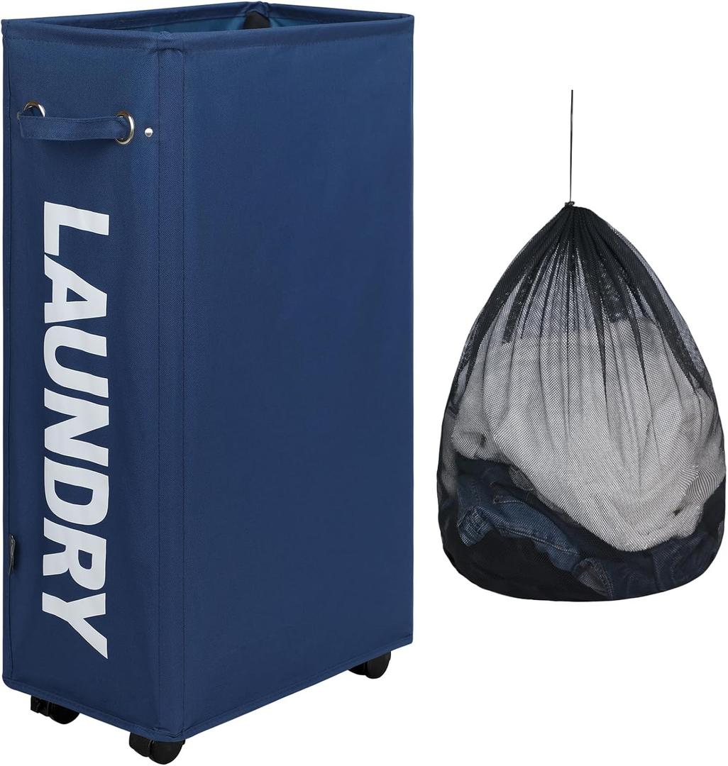 DOKEHOM 29-Inches Enlarged Slim Laundry Basket with Removable Wash Bag on Wheels, Collapsible Rolling Laundry Hamper, Foldable Narrow Corner Clothes Storage Bins (Dark Blue)