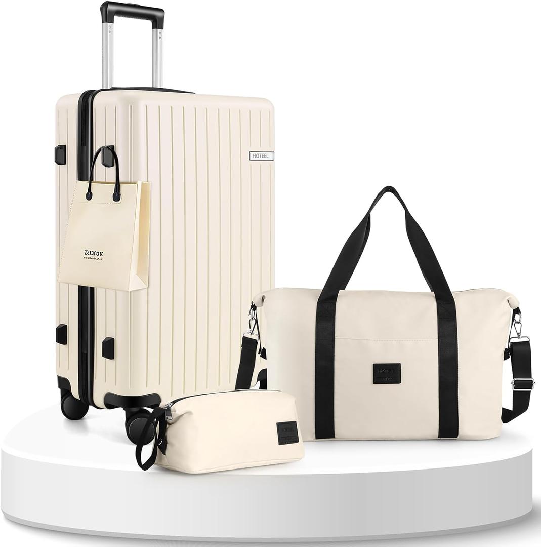 Hoteel Spinner Luggage Sets 3 Piece Carry on Luggage with TSA Lock for Men and Women, ABS+PC Hard Shell Rolling Carry-on Suit Case for Plane, Travel, Business, Beige (20in/DB/TB)